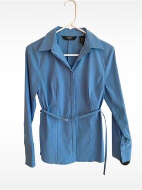 Vintage Express Blue Belted Button‑Down Blouse